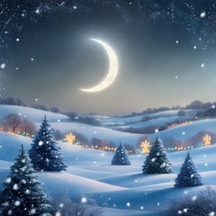 Naklejka premium /imagine: A snowy Christmas Eve night with a starry sky, a crescent moon glowing softly, and distant Christmas lights twinkling in the hills --ar 3:2 --v 4