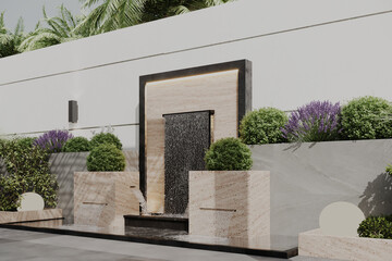 Modern villa landscape design with pool and playing area, multi floor textures and grass, variety in setting areas, fireplace and fountain place.