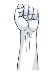 Rised fist hand gesture monochrome drawn emblem. Vector hand clenched into fist and rising up, symbol isolated on white background. Power sign. Human hand up in the air