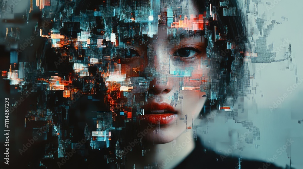Poster a surreal pixel collage featuring random pixel shapes and lines, creating an impression of distortio