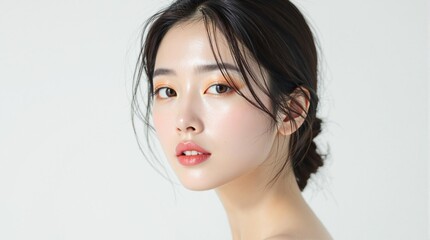 Fototapeta premium Portrait of a Young Woman with Radiant Skin, Subtle Makeup, and Elegant Features, Highlighting Natural Beauty and Sophistication in a Minimalist Setting