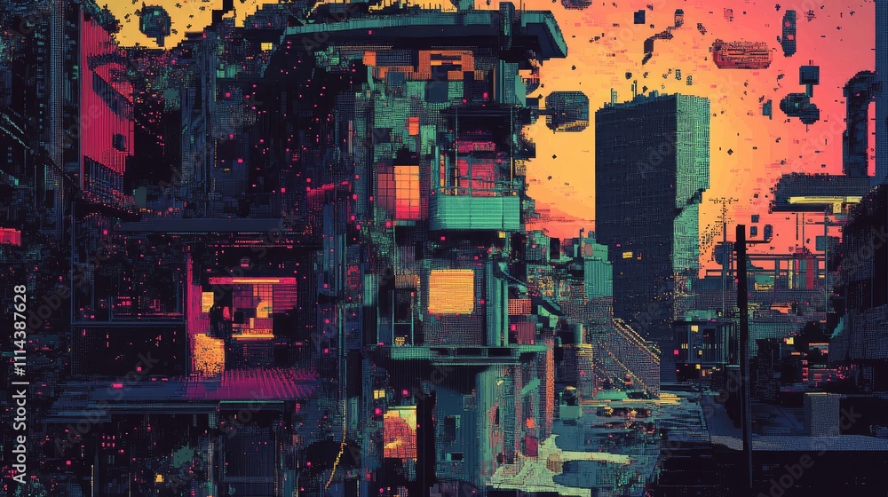Poster a surreal pixel collage featuring random pixel shapes and lines, creating an impression of distortio