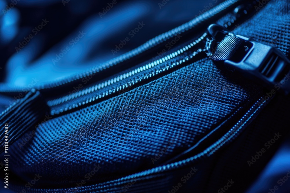 Poster a detailed shot of a blue bag with a zipper, perfect for emphasizing the texture and design of the f