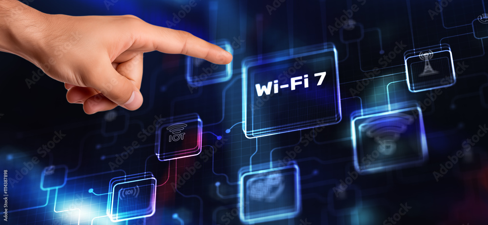 Poster wi-fi 7 next generation networking communication. reaching new levels of performance