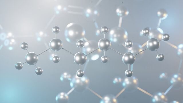 hexane molecular structure, 3d model molecule, n-hexane, structural chemical formula view from a microscope