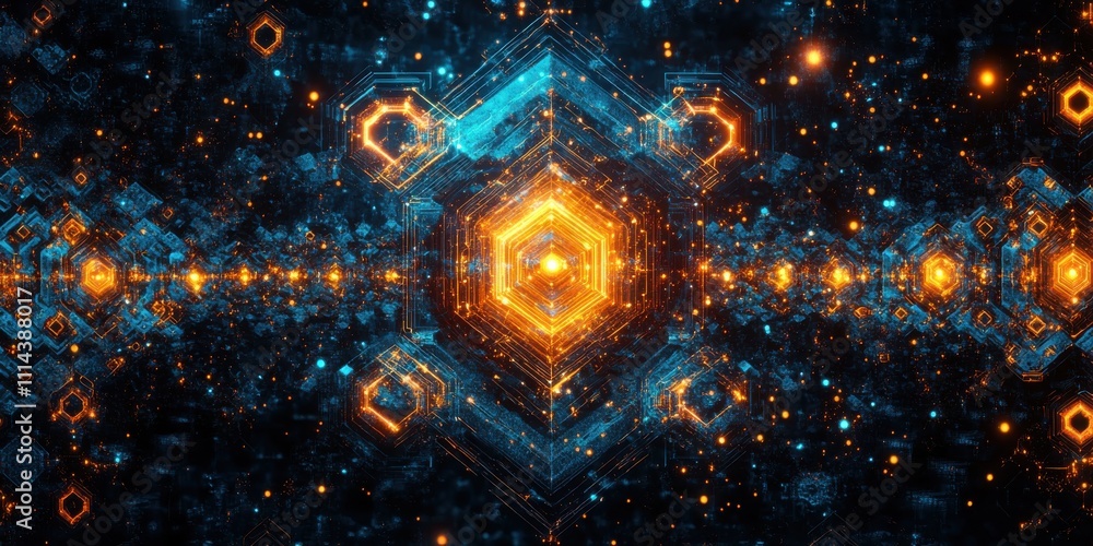 Poster abstract background of futuristic geometric shapes and bytes with vibrant lighting in shades of blue