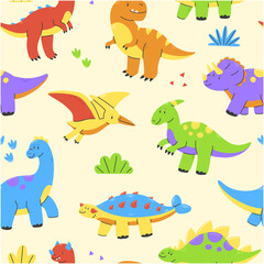 Seamless pattern with cute dinosaurs on beige background. Dino Illustration background. © Ekaterina Chemakina