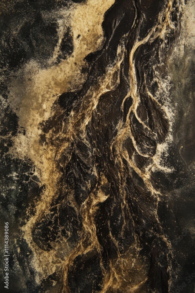Poster abstract image of flowing black and gold liquid textures on dark background, capturing natural movem