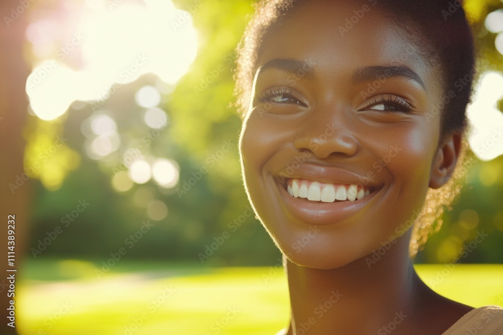 Poster a woman smiling in a park with trees in the background