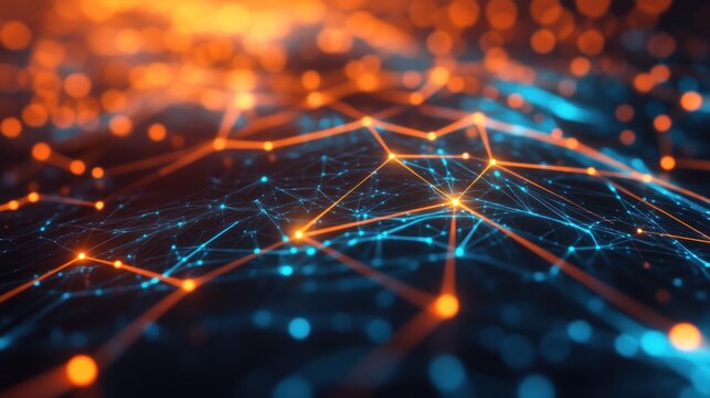 Abstract network connection, glowing nodes and lines, digital data flow, orange and blue hues.