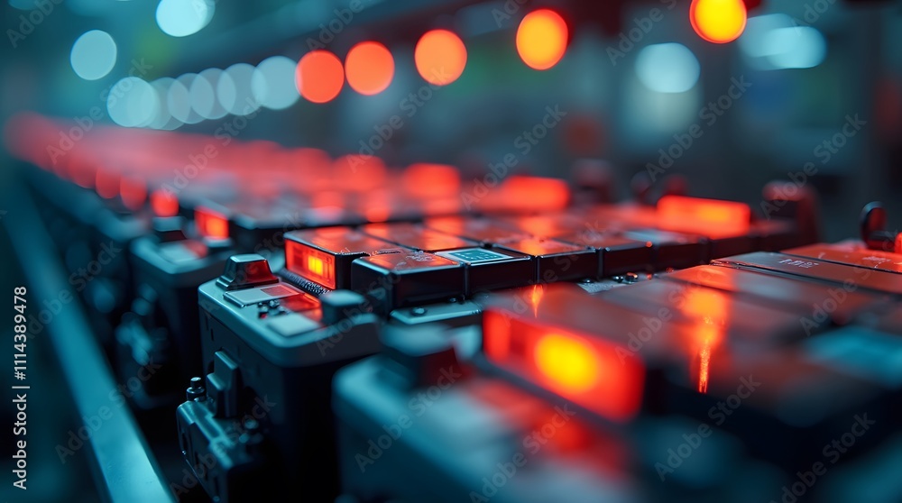 Aufkleber red-lit assembly line: precision technology at work, futuristic automation in action.