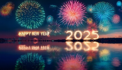 Happy new year 2025 reflection with fireworks. Happy new year 2025 fire works and reflection in the sky 