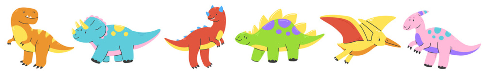Cute colorful cartoon dinosaurs set. flat children's illustration with multicolored dinosaurs isolated on a white background. © Ekaterina Chemakina