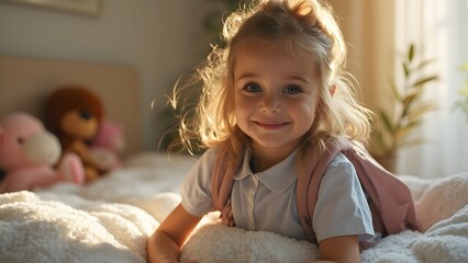 Fototapeta premium Adorable girl with backpack, smiles radiantly on her bed, bathed in golden sunlight. Joyful morning!