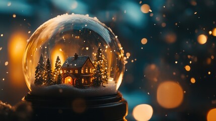 Enchanted Winter Wonderland: A snow globe capturing the magic of a cozy cabin nestled among snow-covered trees, illuminated by warm, inviting lights, creating a festive and serene atmosphere.