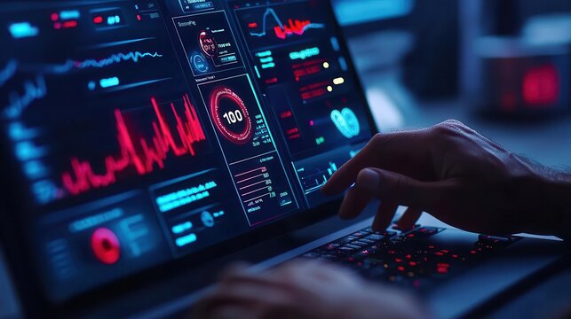 Person receiving fraud alerts on a digital dashboard, smart technology ensuring financial protection