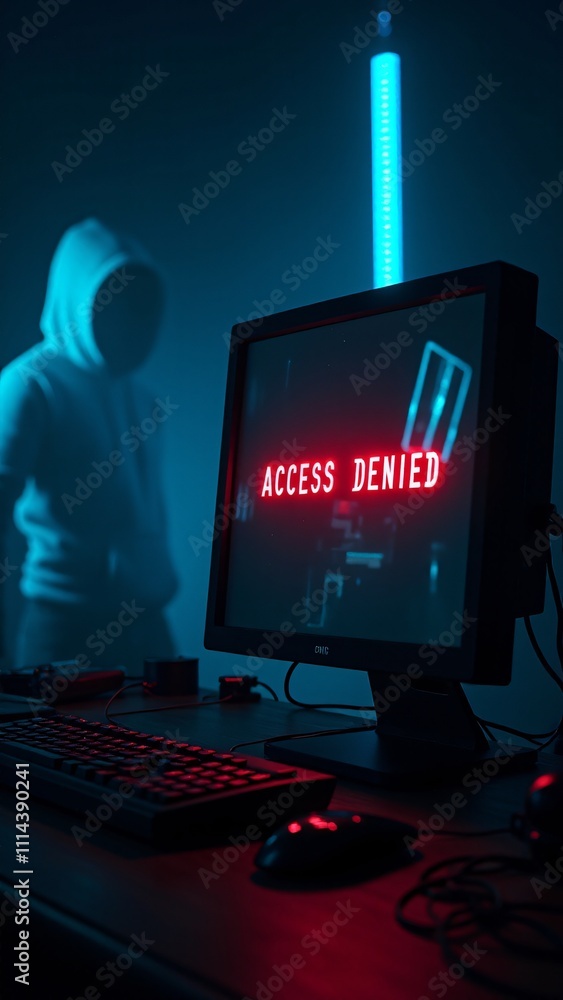 Poster a hooded figure's reflection appears on a monitor showing 