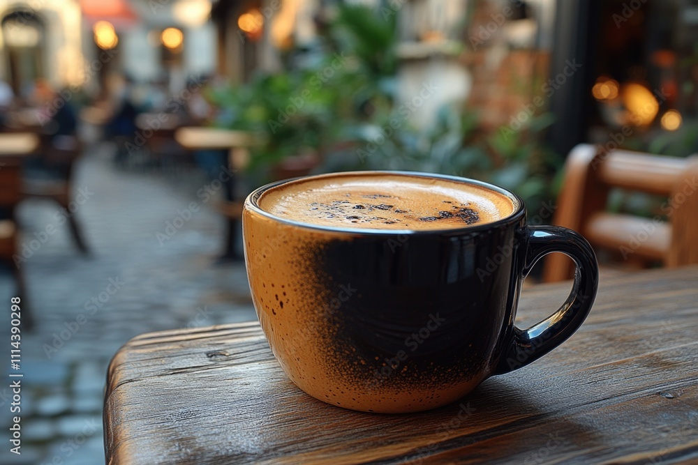 Poster a cup of coffee placed on a wooden table with a rustic atmosphere