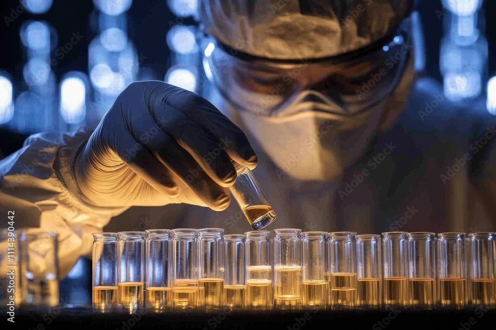 Aufkleber A laboratory scene with a scientist in a lab coat preparing samples for testing, including pouring liquid into test tubes
