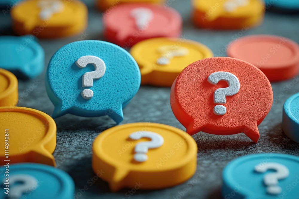 Poster piled up question marks on a table, creative way to express curiosity