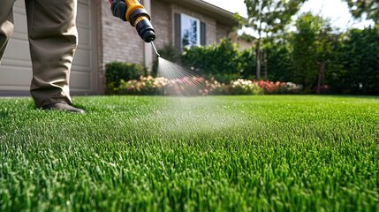 Person spraying a lush green lawn with a handheld sprayer in front of a house.