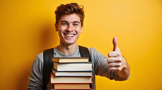 Smiling student with books gives thumbs up!  Success, education, knowledge, and positivity radiate!