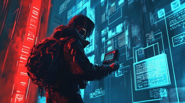 Hacker examining digital data stream on large screen.