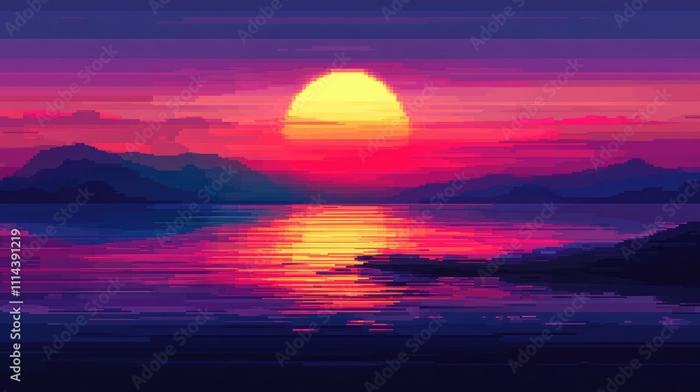 Aufkleber a vibrant gradient pixel art design with smooth transitions between colors, creating a digital sunse