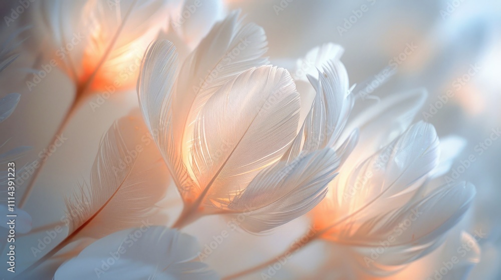 Poster a close-up shot of a bunch of white feathers, often used as a decorative element or in bird-related 