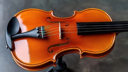 Fototapeta premium A beautifully crafted violin with a polished finish, showcasing its elegant curves and strings against a neutral background.