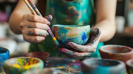 Obraz premium Photo of a person painting pottery in a ceramics class, with vibrant colors on their hands and apron.