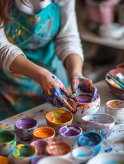 Obraz premium Photo of a person painting pottery in a ceramics class, with vibrant colors on their hands and apron.