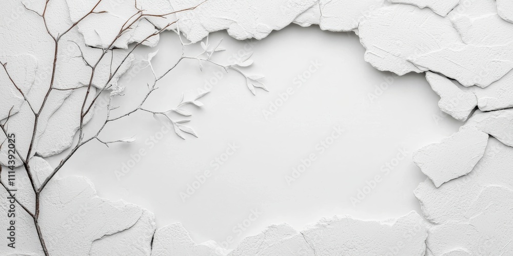 Poster a minimalist design featuring a torn white paper background with delicate branches, creating a seren
