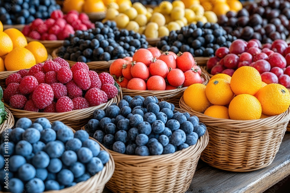 Poster a variety of fresh fruits arranged in baskets on a table for display or consumption