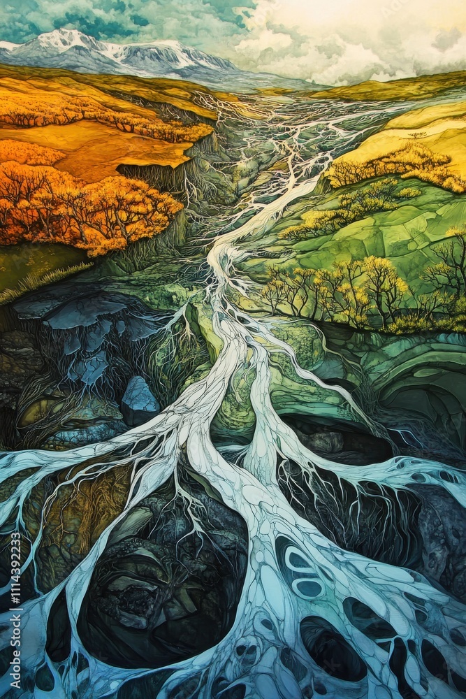 Poster aerial view of colorful river flows through vibrant terrain with abstract patterns and natural eleme