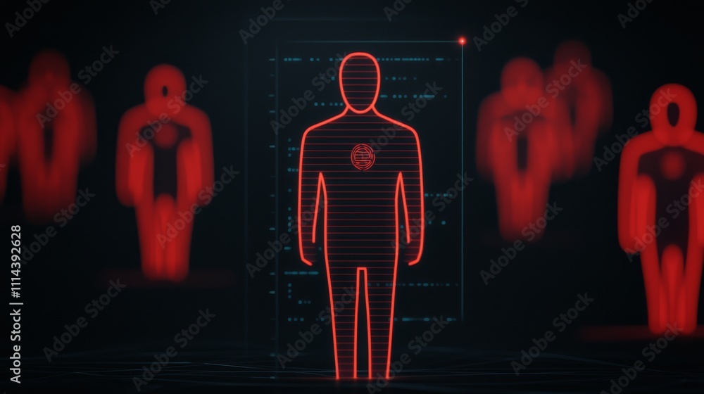 Aufkleber a digital representation of a person highlighted in red, surrounded by silhouettes, suggesting a the