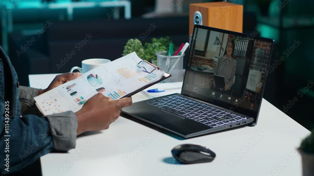 Poster employee working from home doing business meeting videocall with manager requesting to see financial