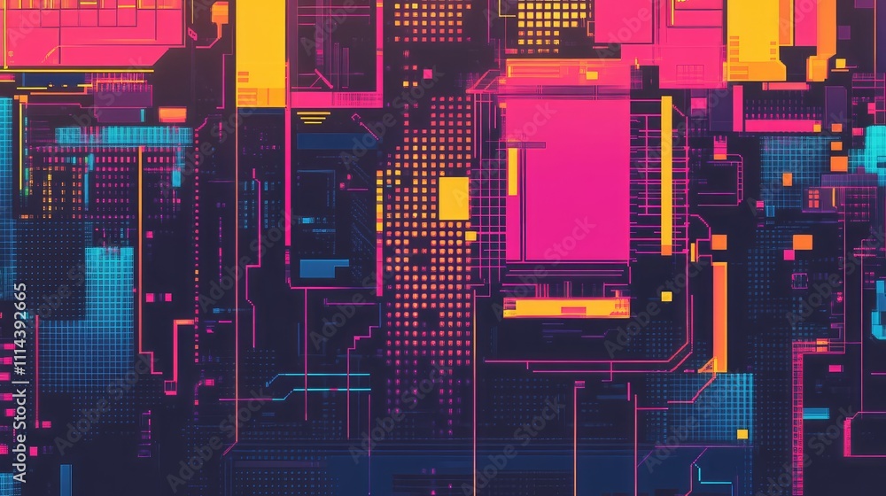 Poster a vibrant pixel overlay texture with geometric patterns in neon colors, creating a futuristic and cy