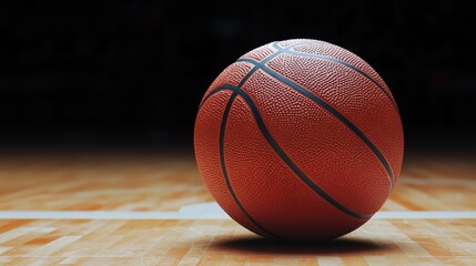 Obraz premium A close-up of a basketball on a wooden court, illuminated with dramatic lighting, creating a focused and dynamic atmosphere.