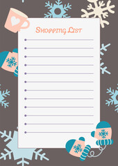 Shopping list. A4 vertical template with a place for notes on the background of a winter pattern