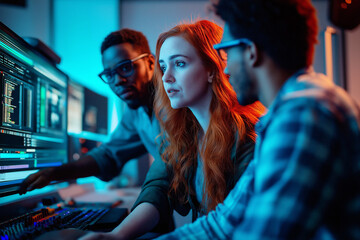 Diverse team collaborating on a programming project in a modern workspace using AI