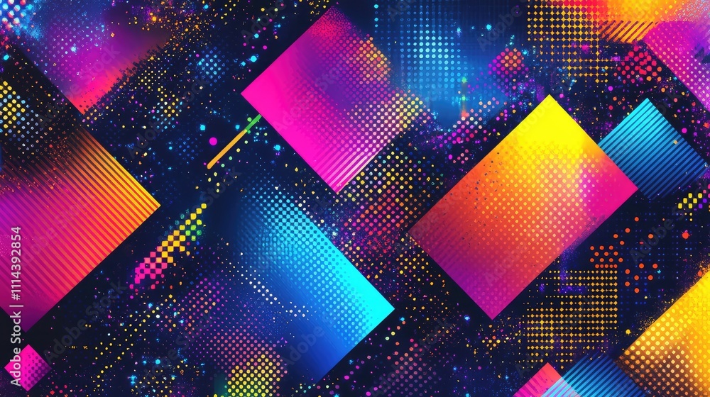 Poster a vibrant pixel overlay texture with geometric patterns in neon colors, creating a futuristic and cy