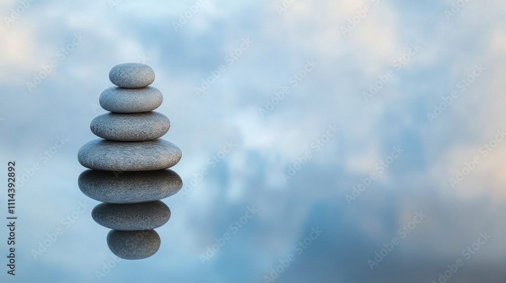 Poster a stack of rocks sitting on the surface of calm water, great for use in environmental or nature-them