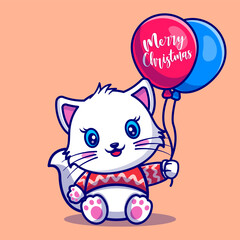 Cute kitten holding balloons for christmas, for the new year and for christmas cartoon illustration.