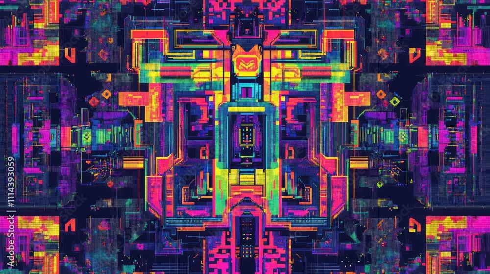Poster a vibrant pixel overlay texture with geometric patterns in neon colors, creating a futuristic and cy