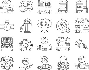 carbon capture co2 storage icons set vector. energy footprint, utilization sequestration, green, technology, pollution reduction carbon capture co2 storage black contour illustrations