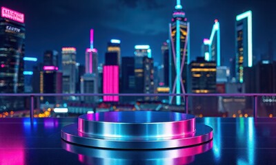 Neon Cityscape Podium: A futuristic, vibrant cityscape backdrop with a glowing metal podium, perfect for product displays, presentations, or social media content.  