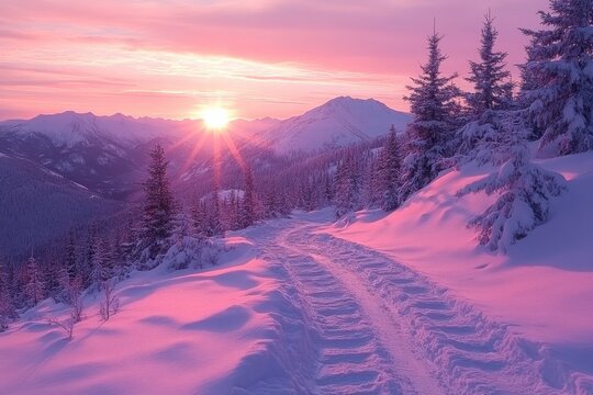 Winter landscape with pink sunset over snow-covered mountains and trail