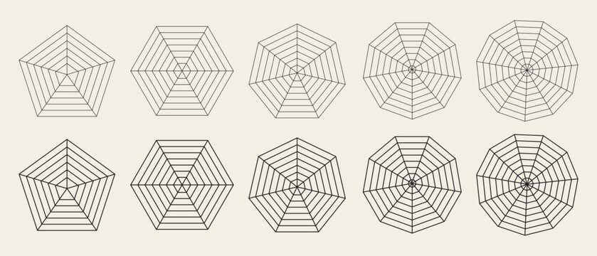 Flat Radar spider mesh diagram template. Blank radar charts. Pentagon, hexagon and heptagon graphs. Kiviat diagram for statistic and analitic. Vector illustration 