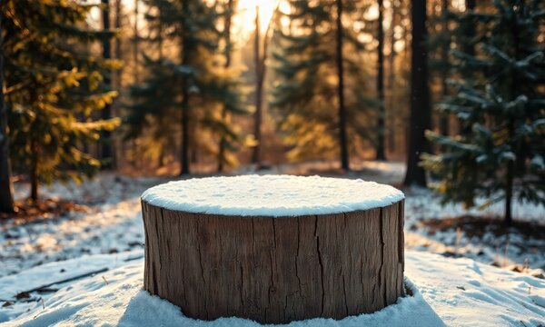 Snowy Forest Tree Stump: A rustic tree stump covered in fresh snow, bathed in the golden light of a winter sunset, creating a serene and tranquil scene in a snow-covered forest.  